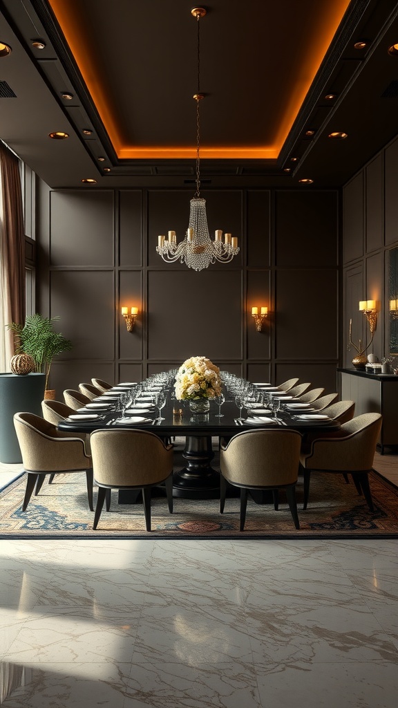 An elegant dining room featuring a long black table with floral centerpiece, surrounded by stylish chairs, rich dark walls, and warm lighting.