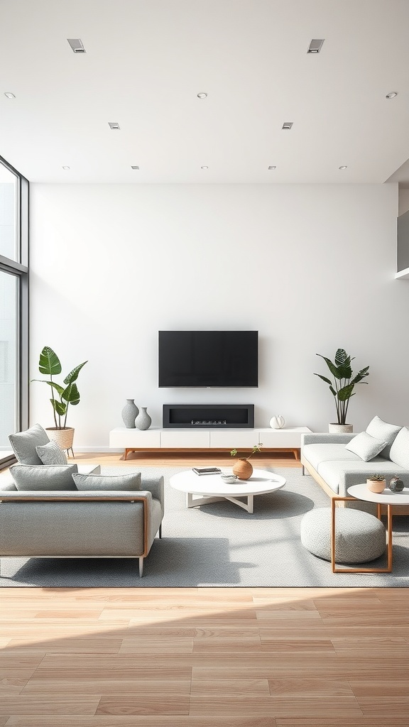 A modern living room featuring clean lines, minimalist furniture, and natural light.