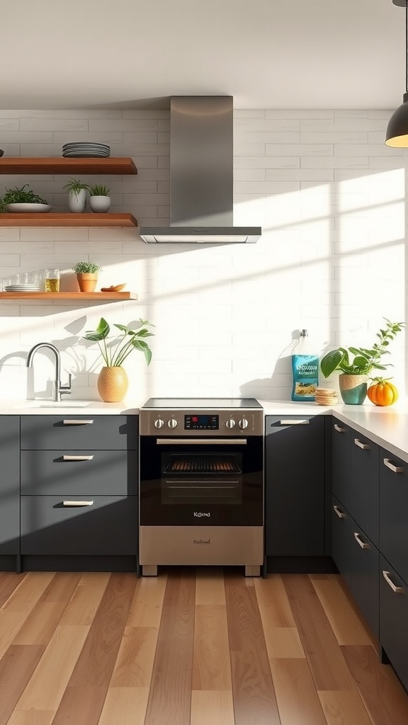 A modern kitchen featuring energy-efficient appliances, natural light, and decorative plants.