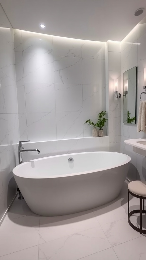 A luxurious bathroom featuring a freestanding tub, marble tile walls, soft lighting, and decorative plants.