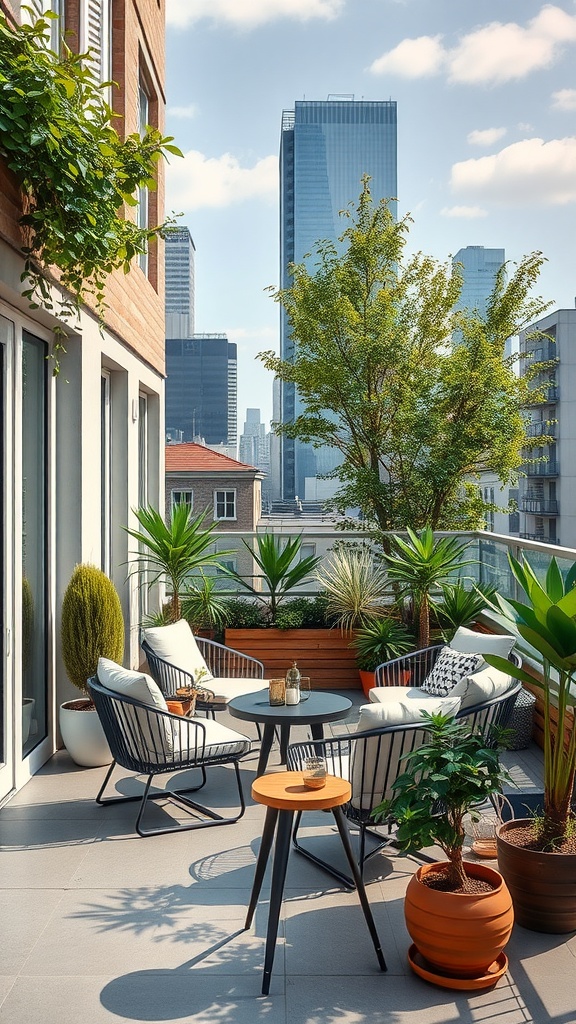 A modern balcony with stylish seating, greenery, and a city skyline in the background.