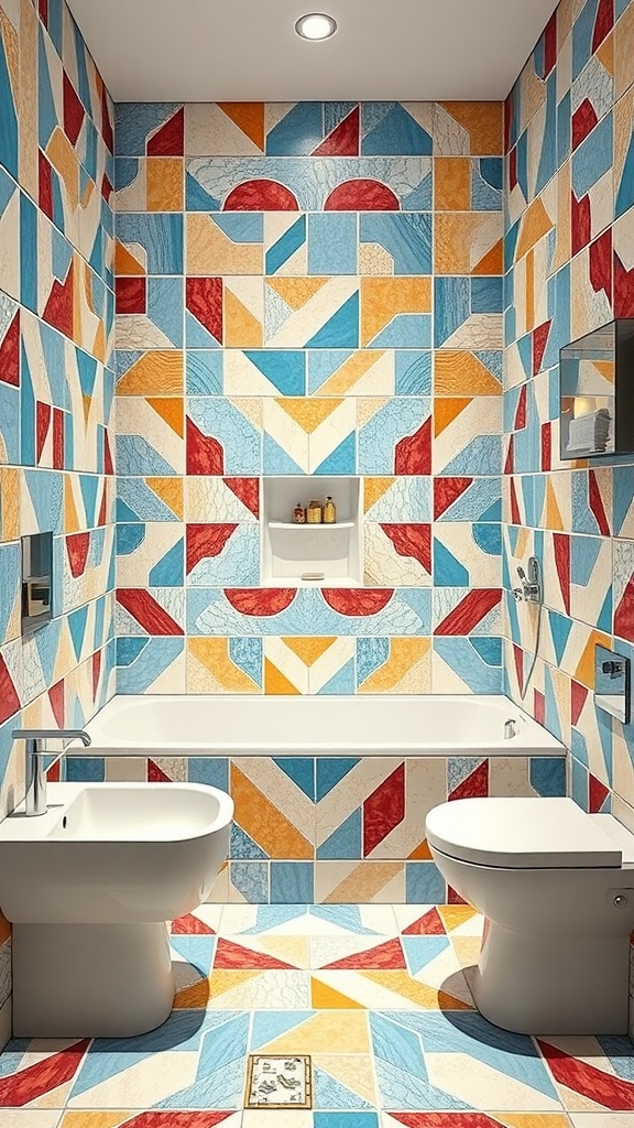 Colorful bathroom tiles with geometric patterns in blue, red, and yellow.