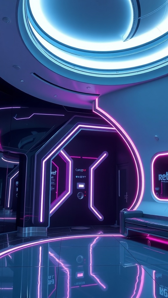 Futuristic interior design with neon lights and sleek surfaces