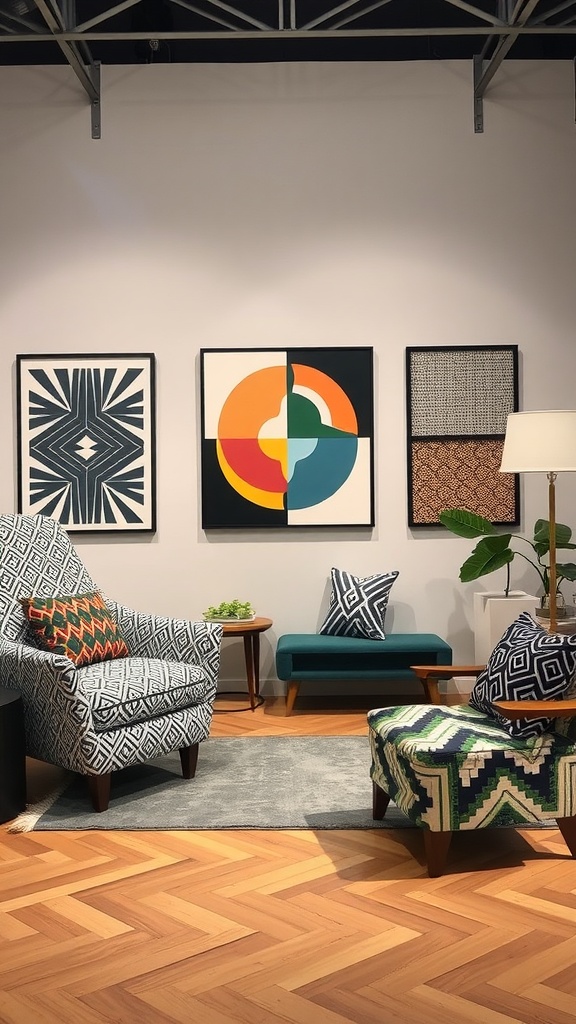 A stylish room featuring geometric patterned chairs and vibrant wall art