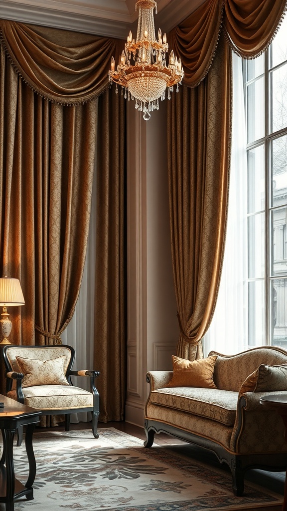 Luxurious window treatments featuring rich fabric drapes and a chandelier