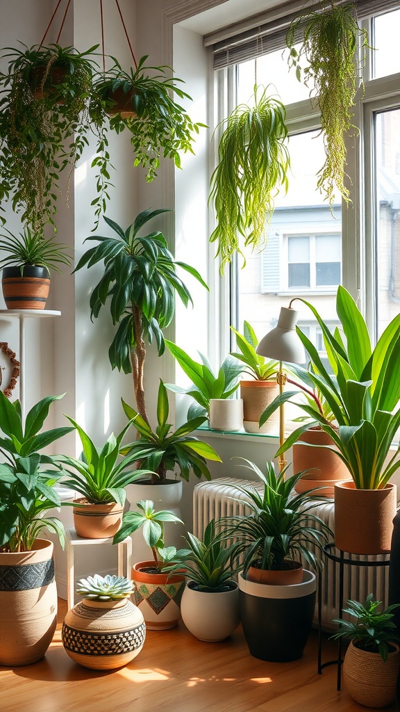 Indoor space filled with various potted plants, showcasing greenery near a window