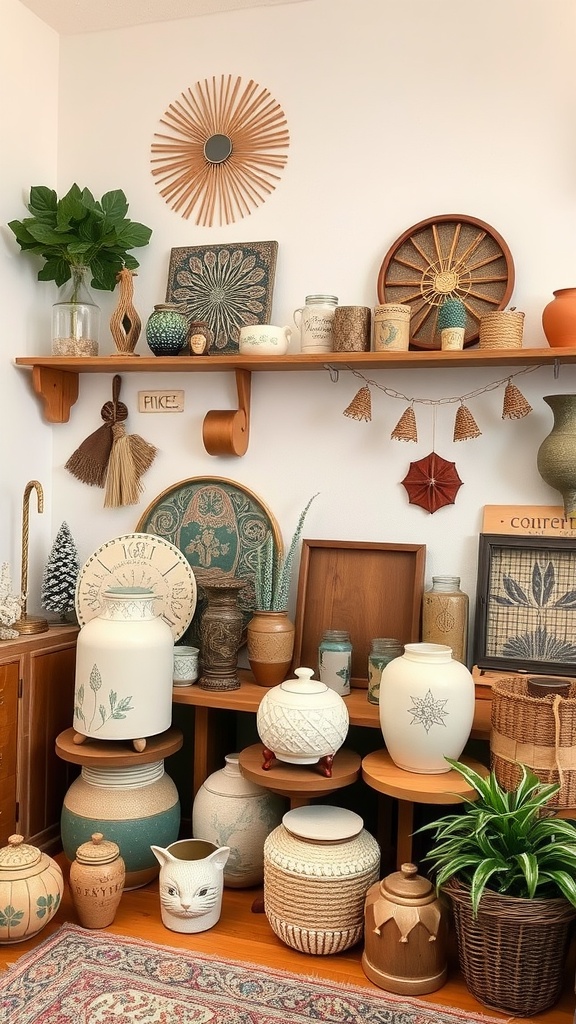 A collection of handmade artisan pieces including pottery, baskets, and decorative items arranged on shelves.