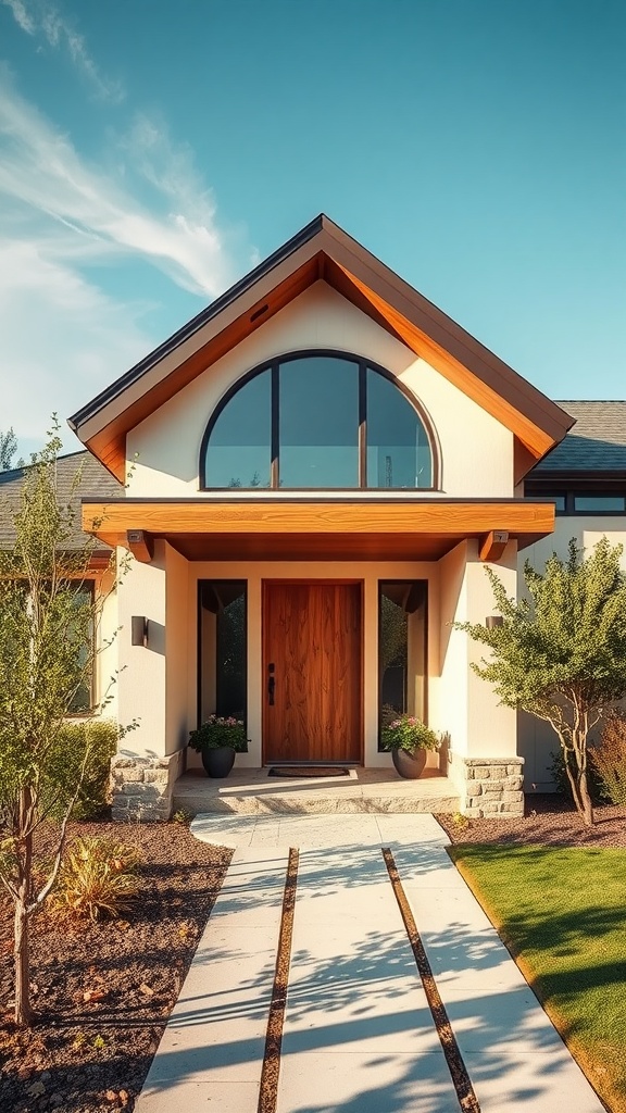 A contemporary home entrance showcasing architectural features like a triangular roof, large windows, and a wooden door.