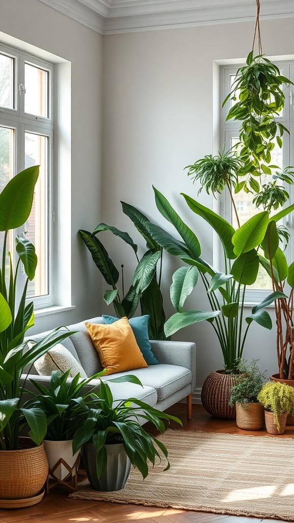A cozy living room corner featuring a light gray sofa with colorful cushions and various indoor plants in stylish pots.