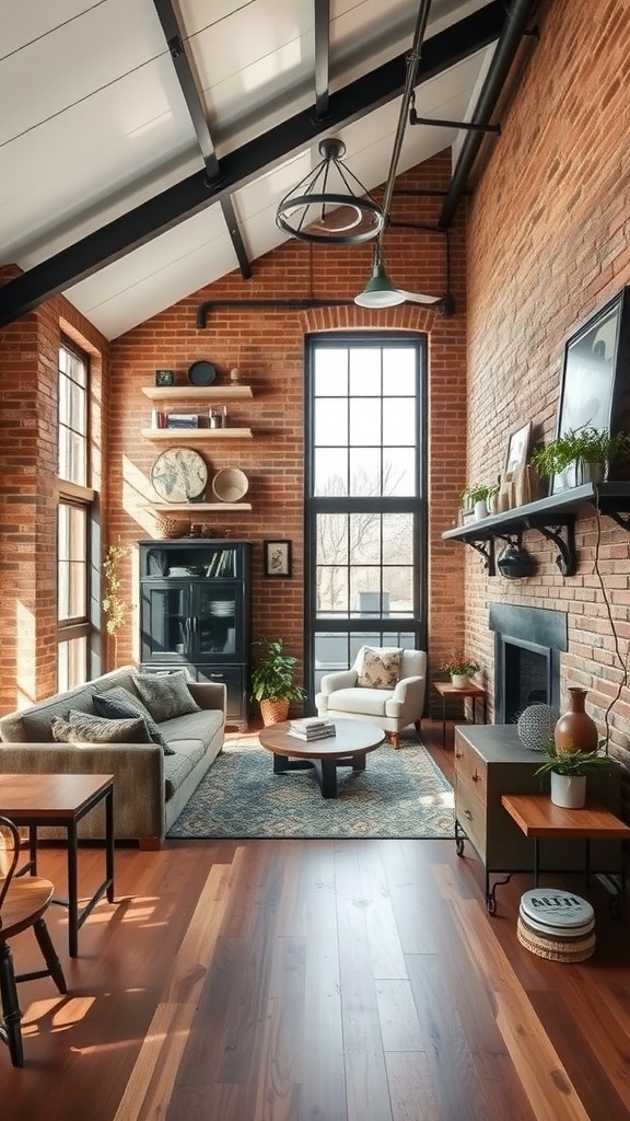 A cozy living room featuring industrial design elements such as exposed brick walls, metal fixtures, and a blend of modern furniture.