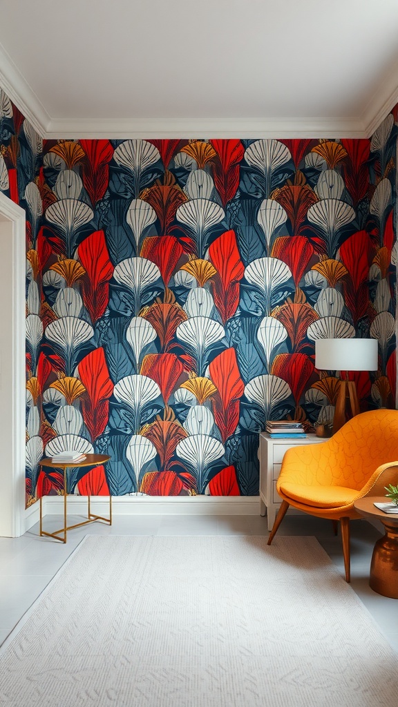 A room with vibrant floral wallpaper featuring red, white, and blue colors, an orange chair, a side table, and a white rug.