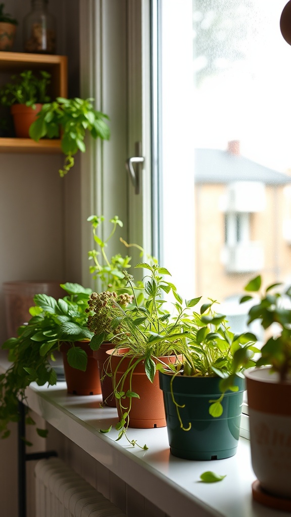 A sunny windowsill filled with various pots of fresh herbs, creating a cozy indoor garden.