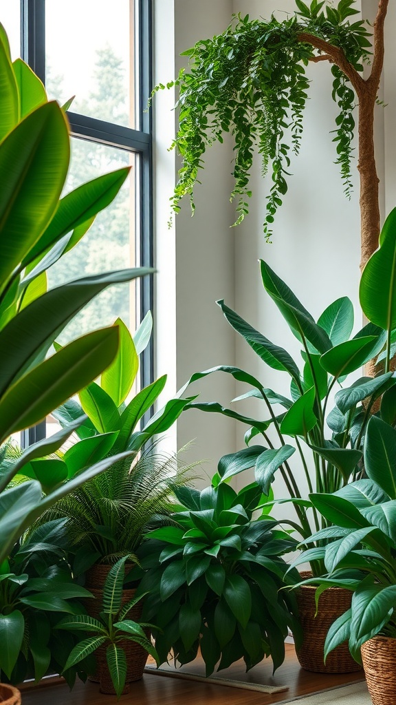 A variety of indoor plants in a bright room, showcasing green leaves and woven baskets near a window.