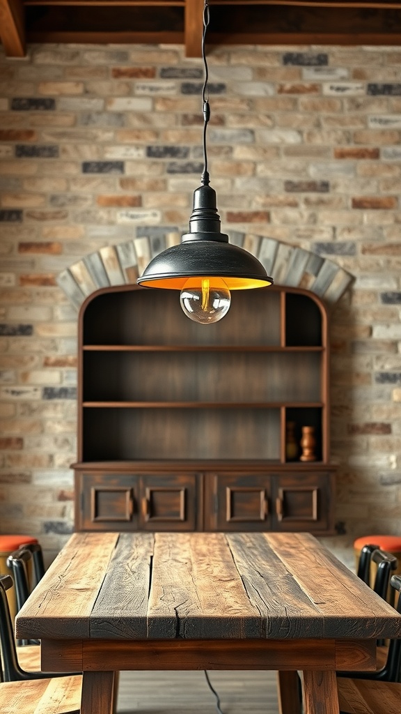 A rustic wooden table with a vintage industrial pendant light hanging above it, set against a stone brick wall.