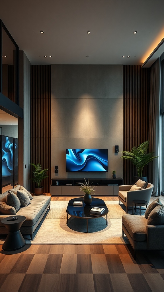 A modern living room featuring a mounted TV, sleek furniture, and decorative plants.