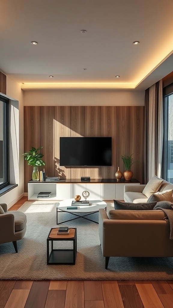 A modern living room featuring smart home technology, with a sleek TV, minimalist furniture, and warm lighting.