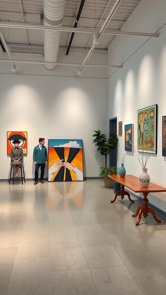 A gallery showcasing local art with two individuals observing the artwork in a bright setting.