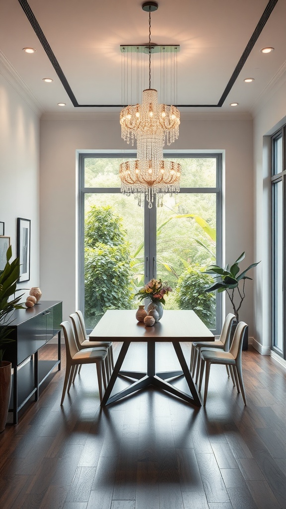 A modern dining room featuring a chandelier over a table, with large windows and a view of greenery outside.