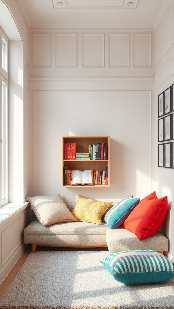 A cozy reading nook featuring a comfortable sofa with colorful pillows and a bookshelf filled with books.