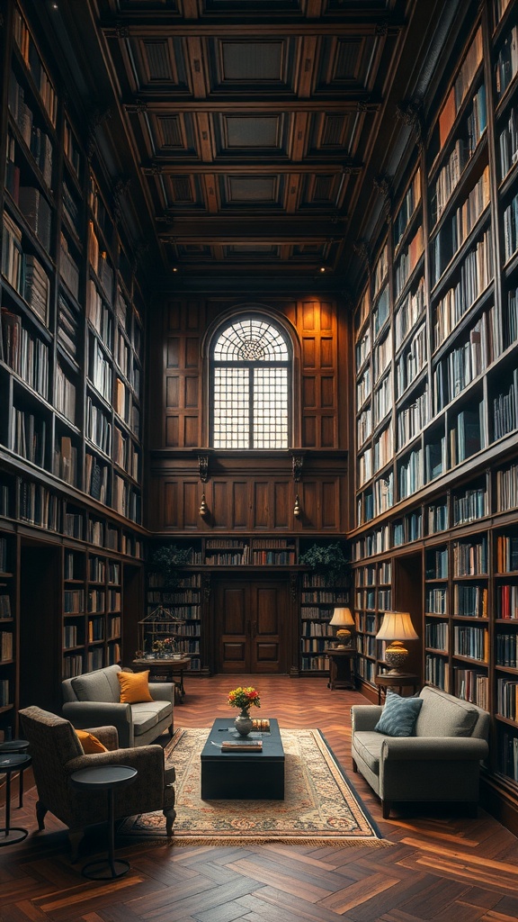 A luxurious home library with wooden bookshelves, cozy seating, and warm lighting.