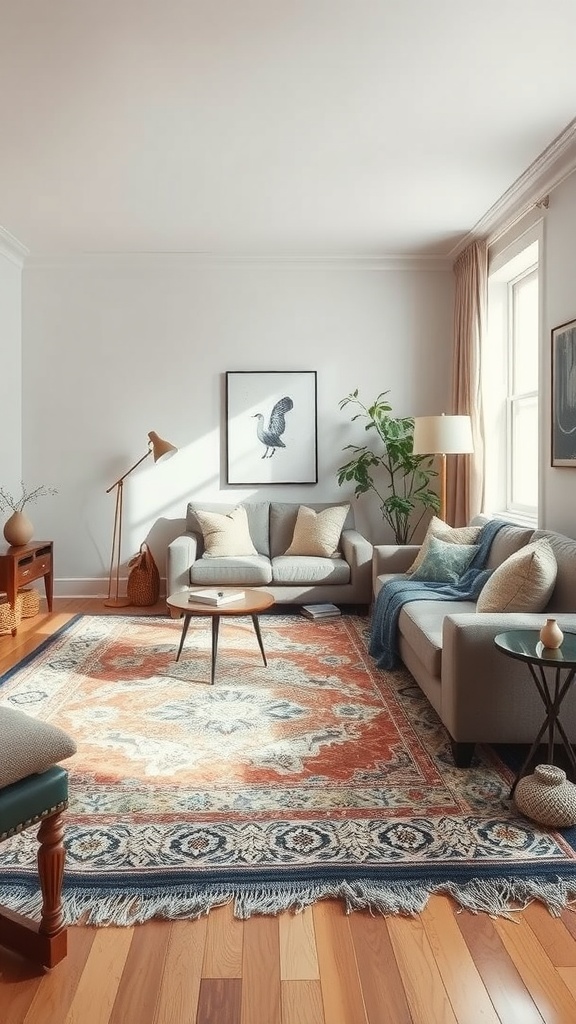 A cozy living room with layered rugs, showcasing warm colors and comfortable seating.