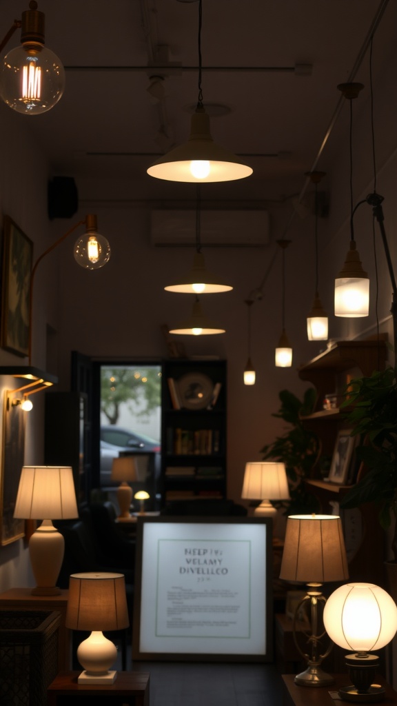 A cozy interior displaying various types of lighting fixtures in a modern decor style.