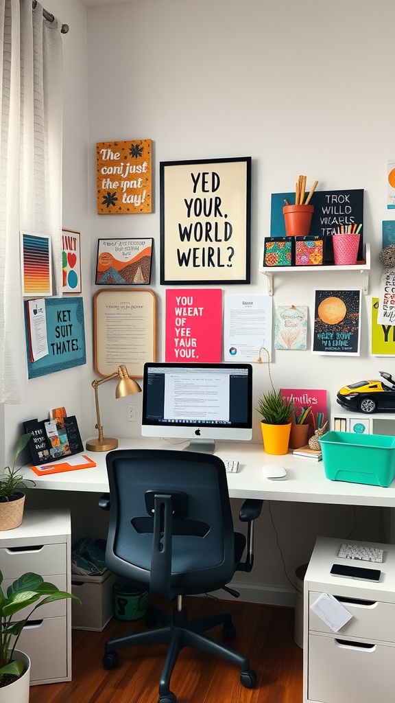 A colorful office space with vibrant wall art, a modern desk setup, plants, and bright storage options.