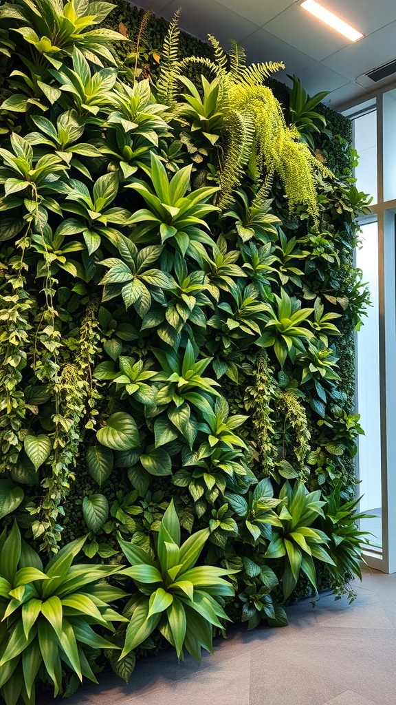 A living green wall filled with various plants and ferns, showcasing a vibrant display of greenery.