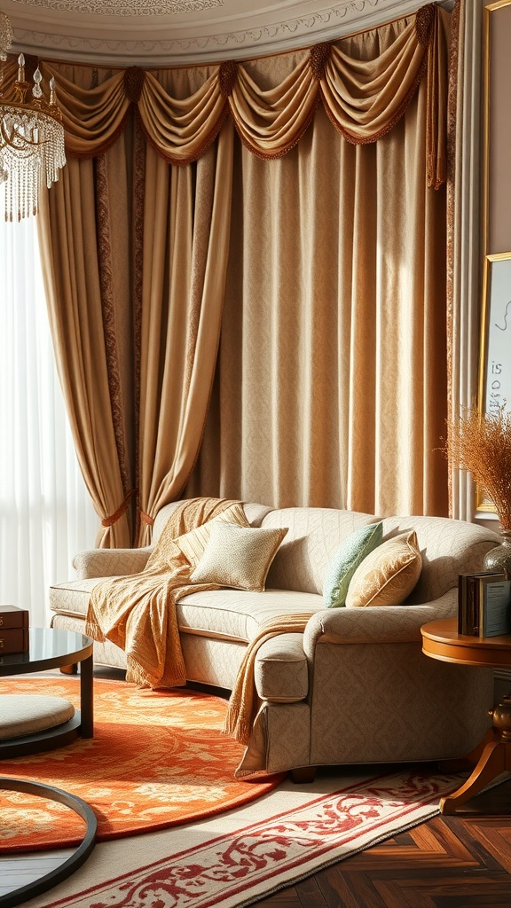 Living room with luxurious textiles, featuring a sofa, decorative pillows, and elegant curtains.