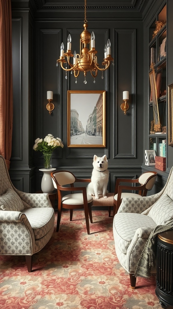 A luxurious pet area featuring stylish decor, comfortable furniture, and a pet dog in an elegant room.