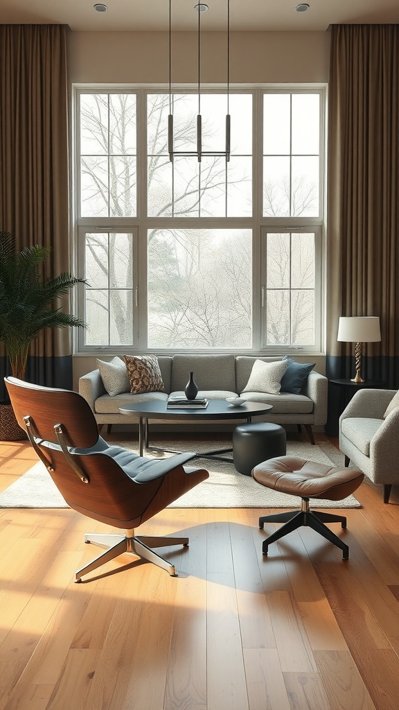 A stylish living room featuring mid-century modern decor with a wooden armchair, light wood flooring, and large windows.