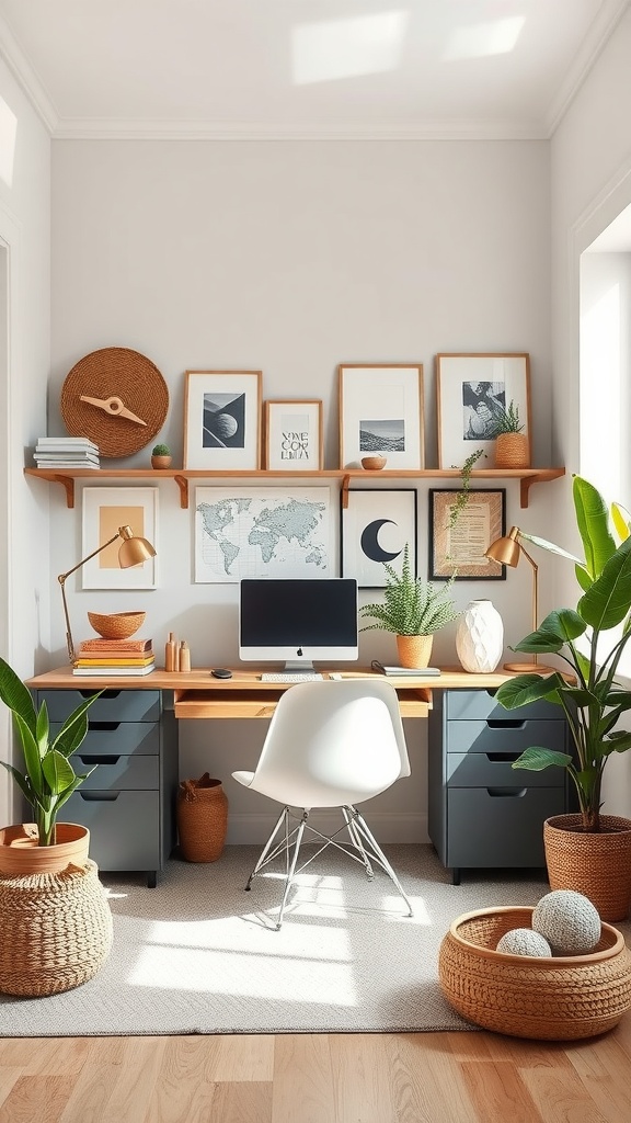 A serene home office with plants, woven baskets, and eco-friendly decor