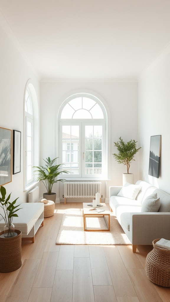 A minimalist living room filled with natural light, featuring plants, simple furniture, and a tranquil atmosphere.