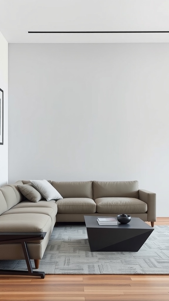 A minimalist living room featuring a neutral-colored L-shaped sofa and a geometric black coffee table.