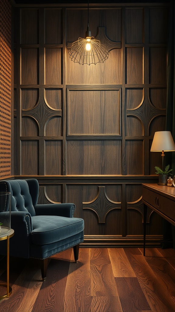 Cozy corner with a velvet chair, wooden wall, and modern light fixture