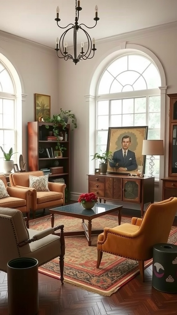 A cozy living room featuring a mix of vintage and modern decor, with warm-toned armchairs, a sleek coffee table, and artistic elements.