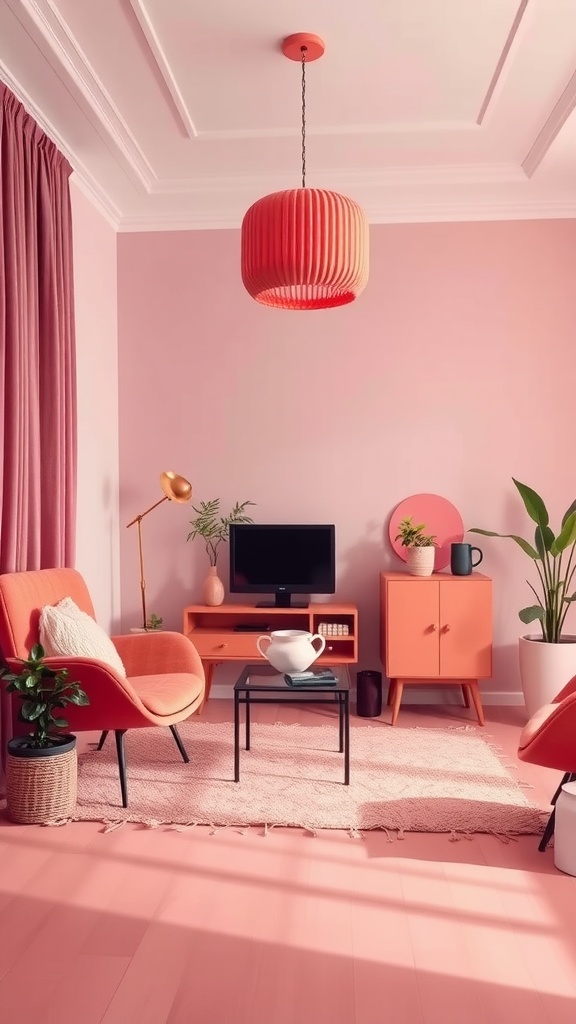 A cozy living room featuring a monochromatic pink color scheme with pink walls, furniture, and decor.