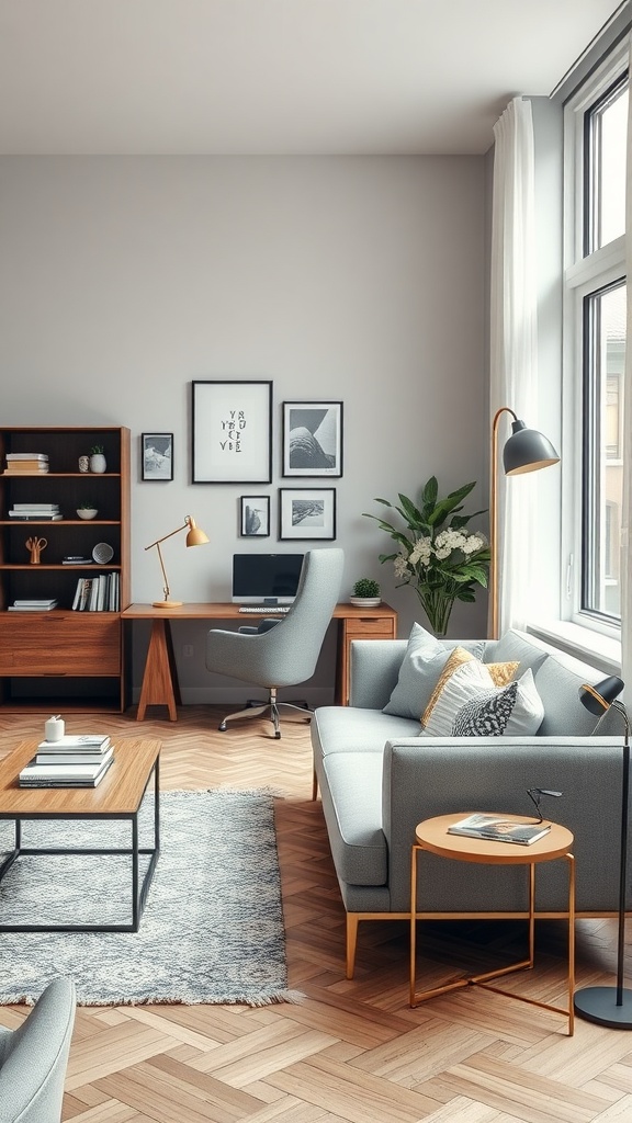 A modern urban living space featuring a gray sofa, wooden coffee table, desk area, and natural light.