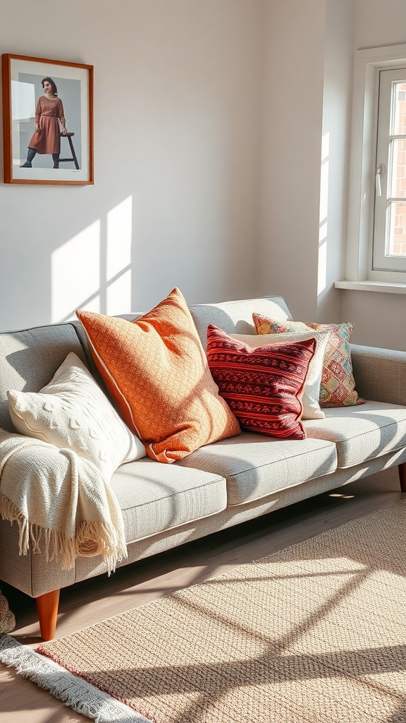 A cozy sofa adorned with multicolored throw pillows, showcasing various patterns and textures, with sunlight streaming in.