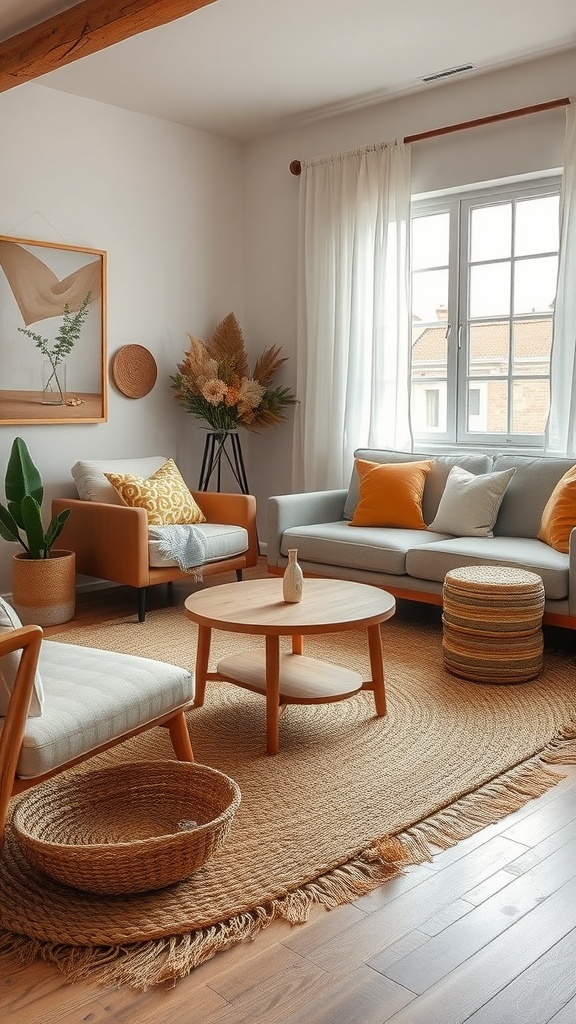 Cozy living room featuring a natural fiber rug, potted plants, and stylish furniture.