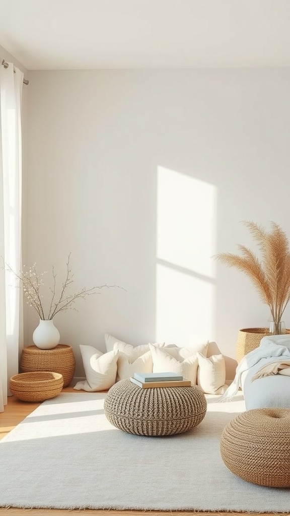 A cozy room featuring a neutral color palette with soft textures and natural materials.