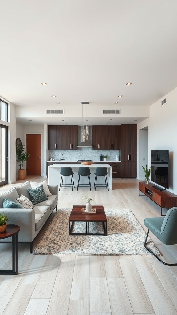 An open concept living area featuring a modern sofa, coffee table, kitchen with dark cabinets, and dining space.