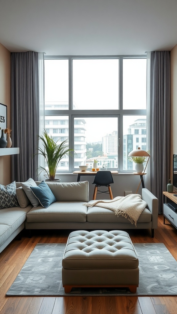 A modern living room featuring a sectional sofa, an ottoman, and a cozy reading nook by the window.