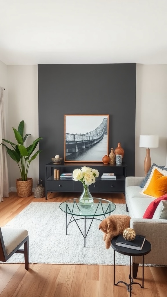 A modern living room featuring neutral walls, colorful cushions, a geometric coffee table, and a potted plant.