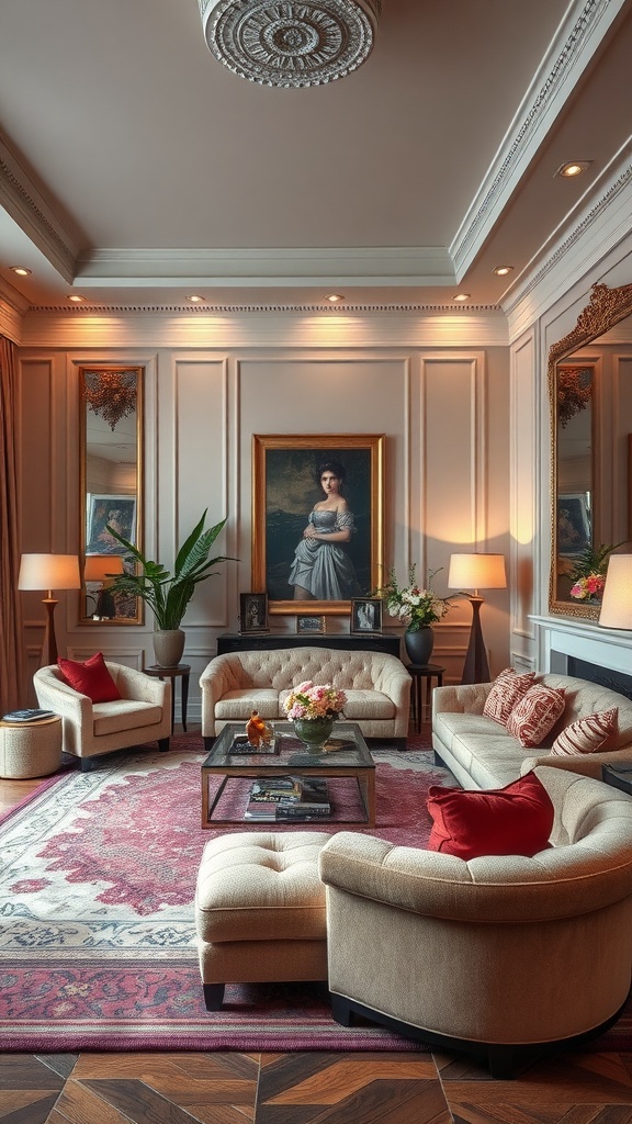 Elegant living room with plush seating, decorative mirrors, artwork, and warm lighting.