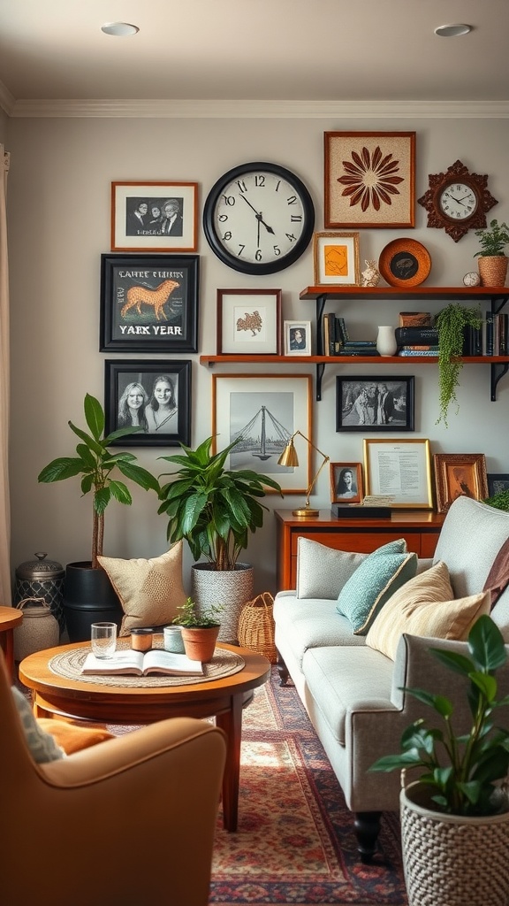 A cozy living room featuring a wall of framed photos and art, a comfortable couch, plants, and a coffee table.