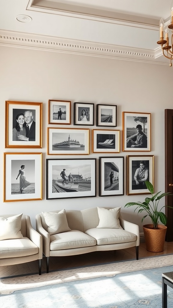 A stylish living room showcasing a gallery wall of black-and-white photographs in various frames, complemented by a cozy seating area.