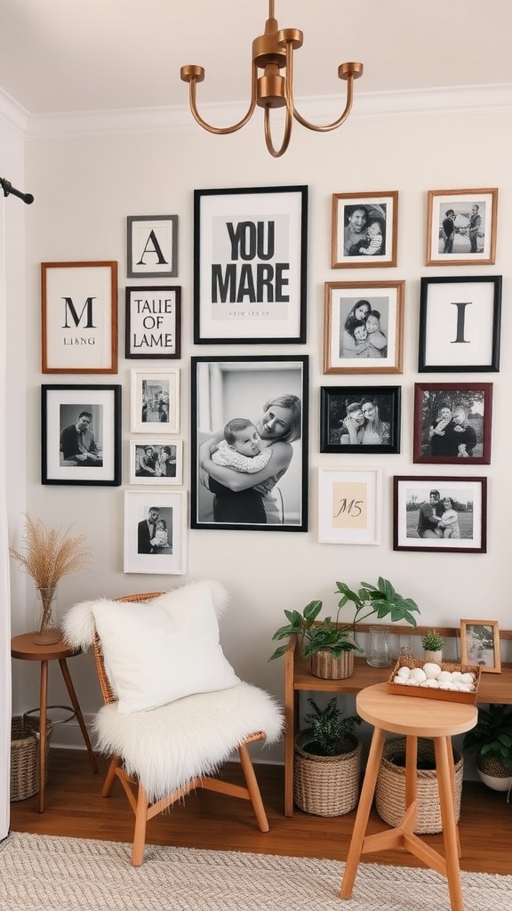 A cozy corner featuring a photo gallery wall, a stylish chair, and greenery.