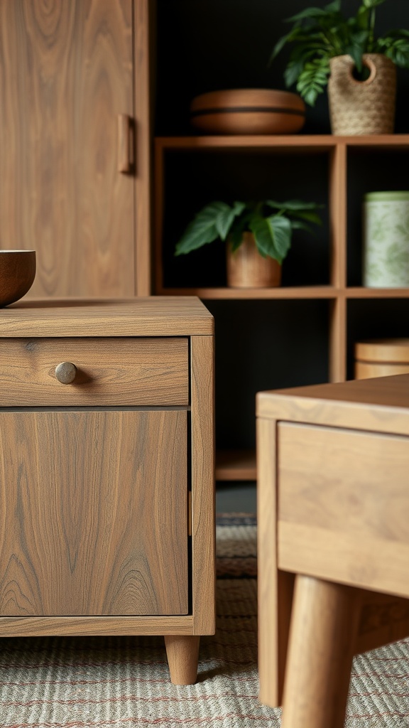 A close-up view of wooden furniture with a plant-based finish, showcasing natural textures and tones, accompanied by decorative plants.