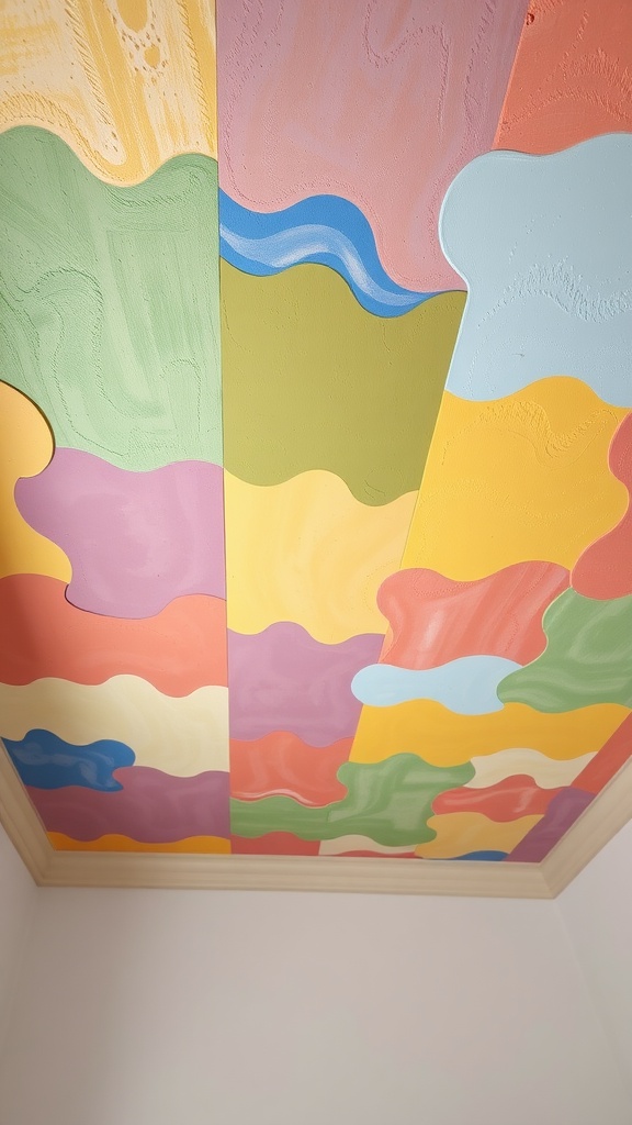 Colorful and playful ceiling design featuring various shapes and pastel colors.